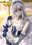  1girl absurdres artist_request azur_lane bangs belfast_(azur_lane) blush braid breasts chains cleavage collar collarbone commentary_request eyebrows_visible_through_hair french_braid gloves highres large_breasts long_hair looking_at_viewer maid maid_headdress silver_hair smile solo violet_eyes 