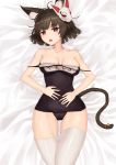  1girl absurdres animal_ears azur_lane bare_shoulders black_hair breasts cat_ears cat_tail cleavage cowboy_shot dakimakura highres hoshibudou looking_at_viewer lying mask mask_on_head medium_breasts on_back open_mouth red_eyes school_swimsuit short_hair solo swimsuit swimsuit_pull tail thigh-highs white_legwear yamashiro_(azur_lane) 