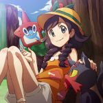  1girl black_hair braid clouds hat litten long_hair lowres mizuki_(pokemon_ultra_sm) nanashi_(soregashi) orange_shirt pokedex pokemon pokemon_(creature) pokemon_(game) pokemon_ultra_sm rotom rotom_dex shirt shorts sitting sky smile sun_hat tank_top twin_braids white_shorts 