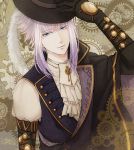  1boy black_gloves black_hat blue_eyes cazalis code:realize cravat feathers gears gloves hat long_hair looking_at_viewer male_focus purple_hair saint_germain_(code:realize) solo standing steampunk 