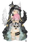  1girl animal_ears bangs black_wings bouquet cropped_legs dated flower garter_belt grey_background grey_hair hair_between_eyes holding holding_bouquet looking_at_viewer object_hug original panties pink_eyes rayvon sidelocks simple_background single_thighhigh solo tareme thigh-highs underwear veil white_legwear white_panties white_wings wings 