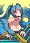  1girl akairiot bare_shoulders blue_eyes blue_hair breasts cleavage dress hair_over_one_eye highres instrument large_breasts league_of_legends long_hair off-shoulder_dress off_shoulder solo sona_buvelle twintails very_long_hair 