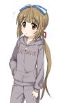  1girl bangs blue_bow blush bow brown_eyes brown_hair commentary_request grey_pants grey_sweater hair_bow hair_ribbon hand_in_pocket highres idolmaster idolmaster_cinderella_girls long_hair looking_at_viewer omaru_gyuunyuu pants ponytail red_ribbon ribbon simple_background solo track_suit very_long_hair white_background yorita_yoshino 