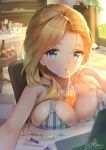  1girl alcohol aliter artist_name azur_lane bathtub between_breasts blonde_hair blue_eyes blush breast_rest breasts computer cup drinking drinking_glass drinking_straw glass highres hood_(azur_lane) laptop large_breasts long_hair looking_at_viewer solo striped_bikini_top upper_body wine wine_glass 