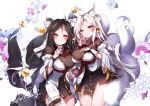  2girls absurdres ara_han ara_han_(celestial_fox) asura_(elsword) breasts brown_hair cleavage detached_sleeves elsword facial_mark flower fox_girl fox_tail gloves heterochromia highres japanese_clothes kanola_u multiple_girls multiple_persona red_eyes shiny skirt smile tail white_hair yellow_eyes 