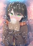  1girl blush brown_gloves brown_hair coat gloves green_eyes heavy_breathing long_hair looking_at_viewer original scarf snow solo symfo winter_clothes winter_coat 