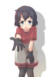  1girl black_gloves black_hair black_legwear blue_eyes blurry blush depth_of_field eyebrows_visible_through_hair foreshortening gloves grey_shorts hair_between_eyes hand_on_own_knee hatafuta highres kaban_(kemono_friends) kemono_friends leaning_forward looking_at_viewer open_mouth outstretched_arm outstretched_hand pantyhose reaching_out red_shirt shadow shirt short_hair shorts smile solo wavy_hair 