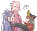  !? 1girl 2boys black_hair demon_archer fate_(series) fudou_yukimitsu gloves hand_to_own_mouth hannyag hat height_difference heterochromia japanese_clothes koha-ace long_hair multiple_boys peaked_cap pink_hair ponytail purple_hair simple_background smile souza_samonji sweatdrop sword touken_ranbu upper_body weapon white_background 