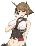  1girl a1 arm_behind_back bangs black_skirt blush breasts brown_eyes brown_hair collar flipped_hair gloves hair_between_eyes hand_under_clothes headgear kantai_collection large_breasts looking_at_viewer midriff miniskirt mutsu_(kantai_collection) pleated_skirt short_hair simple_background sketch skirt solo striped striped_skirt tongue tongue_out upper_body white_background white_gloves 
