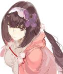  1girl bangs bow brown_hair closed_mouth hair_bow hood hood_down hoodie long_hair looking_at_viewer open_clothes open_hoodie pako ribbon simple_background solo violet_eyes white_background 