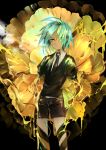  army0009 bangs black_background black_neckwear black_shorts collared_shirt green_eyes green_hair highres houseki_no_kuni looking_at_viewer necktie phosphophyllite shirt short_hair short_sleeves shorts simple_background standing uniform 