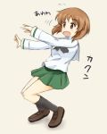  eyebrows_visible_through_hair falling girls_und_panzer light_brown_background light_brown_eyes light_brown_hair nishizumi_miho open_eyes open_mouth outstretched_arms school_uniform simple_background skirt surprised sync_(id_12519877) 