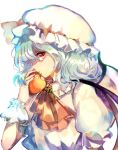  1girl apple ascot bat_wings blue_hair food from_side fruit hat looking_at_viewer looking_to_the_side mob_cap profile puffy_short_sleeves puffy_sleeves red_eyes remilia_scarlet shirt short_sleeves solo touhou upper_body vima wavy_hair white_shirt wings wrist_cuffs 