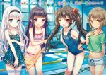  4girls ;d aqua_dress bikini black_hairband blue_swimsuit breasts brown_eyes brown_hair character_name collarbone copyright_request covered_navel crossed_arms detached_sleeves dress eyebrows_visible_through_hair flat_chest floating_hair grey_shorts hair_ornament hair_ribbon hairband hands_on_hips highres indoors leaning_forward long_hair looking_at_viewer midriff mokyu multicolored_hair multiple_girls navel novel_illustration official_art one-piece_swimsuit one_eye_closed open_mouth polka_dot polka_dot_dress pool purple_hair red_eyes red_ribbon ribbon sarong school_swimsuit see-through shirt short_dress short_hair short_shorts shorts silver_hair small_breasts smile stomach striped striped_bikini swimsuit translated twintails two-tone_hair very_long_hair violet_eyes 