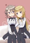  2girls ange_(princess_principal) black_legwear blonde_hair blue_eyes blush braid breasts grey_hair highres locked_arms long_hair multiple_girls piripun princess_(princess_principal) princess_principal school_uniform short_hair sketch smile 