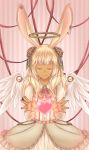  1girl animal_ears blonde_hair blush brooch closed_eyes closed_mouth collared_shirt commentary_request dark_skin ear_clip eyebrows_visible_through_hair feathered_wings flower frilled_shirt frills hair_flower hair_ornament halo heart highres jewelry kokoro_rokoko long_hair long_sleeves neck_ribbon original pearl rabbit_ears red_ribbon red_rose ribbon rose shirt skirt smile solo sparkle striped vertical-striped_background vertical_stripes white_shirt white_skirt white_wings wing_collar wings 