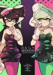  +_+ 2girls aori_(splatoon) black_jumpsuit closed_mouth commentary cousins cover cover_page cowboy_shot detached_collar domino_mask doujin_cover dress earrings english eyebrows_visible_through_hair food food_on_head gloves green_legwear hotaru_(splatoon) jewelry light_smile long_hair looking_at_viewer mask mole mole_under_eye multiple_girls object_on_head pointy_ears purple_legwear short_hair short_jumpsuit smile splatoon splatoon_1 standing strapless strapless_dress sushi tentacle_hair white_gloves wong_ying_chee 