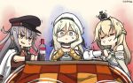  3girls alcohol anger_vein baguette beret black_gloves black_tea blonde_hair braid bread commentary_request crown cup dated dress food french_braid gangut_(kantai_collection) gloves grey_hair hair_between_eyes hamu_koutarou hat highres jacket kantai_collection kotatsu long_hair long_sleeves mini_crown multicolored multicolored_clothes multicolored_gloves multiple_girls off-shoulder_dress off_shoulder orange_eyes peaked_cap red_shirt remodel_(kantai_collection) richelieu_(kantai_collection) shaded_face shirt strapless strapless_dress table tea teacup vodka warspite_(kantai_collection) white_dress white_jacket yellow_eyes 