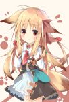  1girl :&gt; animal_ears backpack bag bangs black_coat blonde_hair bow brown_background brown_eyes brown_ribbon closed_mouth collared_dress commentary_request cowboy_shot dress ears_down eyebrows_visible_through_hair fox_ears fox_girl fox_tail hair_bow hair_ribbon highres holding kushida_you long_hair long_sleeves looking_at_viewer original paw_background red_ribbon ribbon smile solo tail two-tone_background very_long_hair white_background white_dress 