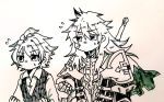  2boys ahoge armor armored_dress bangs commentary dragon_tail eyebrows_visible_through_hair fate/apocrypha fate_(series) gauntlets greyscale hair_between_eyes highres long_hair long_sleeves male_focus monochrome multiple_boys multiple_girls multiple_monochrome naruzane no_mouth over_shoulder saber_of_black scar shirt short_hair sieg_(fate/apocrypha) sweatdrop sword sword_behind_back sword_over_shoulder tail waistcoat weapon weapon_over_shoulder 