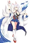  1girl absurdres aircraft airplane animal_ears artist_name azur_lane bangs blue_eyes blue_skirt breasts cleavage fox_ears fox_mask fox_tail full_body highres japanese_clothes kaga_(azur_lane) kneehighs large_breasts looking_at_viewer mask multiple_tails platform_footwear short_hair skirt smile solo standing tail white_hair white_legwear wristband zedxxx 