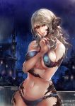  1girl artist_name au_ra bare_shoulders breasts bridge castle dated final_fantasy final_fantasy_xiv green_eyes grey_hair grin highres horns long_hair looking_at_viewer navel night outdoors revealing_clothes scales smile solo windforcelan 