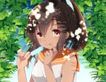  1girl brown_eyes brown_hair food fujisaki_hikari hair_ornament hairclip i-401_(kantai_collection) ice_cream jewelry kantai_collection leaf one-piece_swimsuit one-piece_tan ponytail popsicle ring sailor_collar school_swimsuit shade swimsuit swimsuit_under_clothes tan tanline 