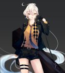  1girl ahoge alternate_costume belt case coat formal girls_frontline gloves half_gloves long_hair looking_at_viewer necktie odeng_touken pkp_(girls_frontline) ponytail solo thigh_strap tsurime very_long_hair white_hair yellow_eyes 