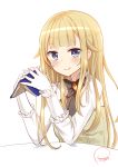  1girl bangs blonde_hair blue_eyes blush book eyebrows_visible_through_hair gloves highres holding holding_book long_hair looking_at_viewer piripun princess_(princess_principal) princess_principal sketch smile solo white_gloves 
