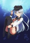  1girl absurdres anchor_symbol ass black_legwear blue_eyes flat_cap full_body hair_between_eyes hat hibiki_(kantai_collection) highres kantai_collection leg_hug light_blue_hair long_hair looking_at_viewer miniskirt neckerchief no_panties pleated_skirt sailor_collar school_uniform serafuku skirt solo thigh-highs thighs underwater very_long_hair yueye_(blbl-y) 