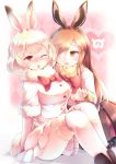  2girls :3 ;o absurdres animal_ears arctic_hare_(kemono_friends) argyle argyle_background blonde_hair blush bow bowtie brown_eyes brown_hair commentary european_hare_(kemono_friends) extra_ears eyebrows_visible_through_hair fur-trimmed_sleeves fur_collar fur_trim hair_over_one_eye heart heart-shaped_pupils highres japari_symbol kanzakietc kemono_friends long_hair looking_at_another multiple_girls nose_blush one_eye_closed orange_eyes parted_lips pink_background pleated_skirt rabbit_ears red_neckwear short_hair sitting skirt smile symbol-shaped_pupils yuri 