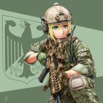  1girl assault_rifle blonde_hair bundeswehr dated g36 german_flag germany gloves green_background green_eyes gun headset helmet highres jpc knee_pads load_bearing_vest military military_uniform one_knee original radio rifle serious short_hair signature sleeves_rolled_up soldier solo trigger_discipline uniform weapon 