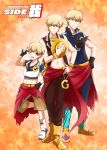  3boys blonde_hair child_gilgamesh fate/grand_order fate/hollow_ataraxia fate/stay_night fate_(series) full_body gilgamesh gilgamesh_(caster)_(fate) hat highres idol idolmaster idolmaster_side-m jupiter_(idolmaster) multiple_boys multiple_persona orange_background parody red_eyes salute star starry_background twitter_username two-finger_salute 