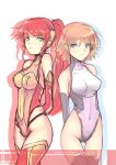  2girls arms_behind_back bangs bare_shoulders blue_eyes breasts brown_hair cat_with_a_brush commentary_request covered_navel elbow_gloves gloves green_eyes hair_ornament looking_at_viewer medium_breasts multiple_girls navel nora_valkyrie one-piece_swimsuit parted_lips perky_breasts ponytail pyrrha_nikos redhead rwby short_hair silhouette simple_background smile stomach swimsuit thigh-highs thigh_gap white_background 