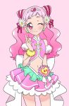  1girl bow closed_mouth cnove cowboy_shot cure_yell double_bun earrings flower hair_flower hair_ornament hair_ribbon hugtto!_precure jewelry layered_skirt long_hair looking_at_viewer magical_girl navel nono_hana one_eye_closed pink pink_background pink_eyes pink_hair pink_skirt precure red_ribbon ribbon simple_background skirt smile solo spoilers white_bow wrist_cuffs 