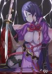 1girl bangs blood bodysuit breasts fate/grand_order fate_(series) fingerless_gloves gloves highres holding holding_sword holding_weapon k_jin katana large_breasts long_hair looking_at_viewer minamoto_no_raikou_(fate/grand_order) purple_hair ribbed_sleeves sitting solo sword very_long_hair violet_eyes weapon 