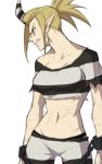  1girl bare_shoulders bared_teeth blue_eyes breasts crop_top cuffs ganno groin highres horn long_hair looking_to_the_side medium_breasts midriff pointy_ears ponytail prison_clothes scar scythana serious shackles sharp_teeth skullgirls solo teeth 