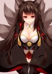  1girl akagi_(azur_lane) animal_ears azur_lane black_hair breasts cleavage closed_mouth collarbone fox_ears fox_tail hakama_skirt japanese_clothes large_breasts long_hair long_sleeves looking_at_viewer multiple_tails red_eyes sakurame seiza shaded_face sitting smile solo tail v_arms wide_sleeves 