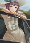  1girl absurdres bangs black_car blurry blurry_background blush bow brown_eyes car chin_rest closed_mouth commentary crossed_arms day dress faiz_azhar frilled_sleeves frills green_bow green_ribbon ground_vehicle hat hat_ribbon highres idolmaster idolmaster_cinderella_girls koshimizu_sachiko looking_at_viewer motor_vehicle open_door outdoors purple_hair ribbon short_hair short_sleeves smile solo standing sunlight white_dress white_hair 