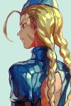  1girl ahoge arm_belt blonde_hair blue_background blue_eyes braid cammy_white closed_mouth from_behind hankuri hat long_hair long_sleeves scar scar_on_cheek simple_background solo street_fighter street_fighter_zero_(series) twin_braids upper_body 