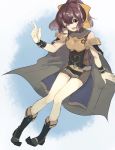  1girl armor blue_background boots breastplate brown_eyes brown_hair cape chikefu dress dyute_(fire_emblem) fire_emblem fire_emblem_echoes:_mou_hitori_no_eiyuuou full_body hair_ribbon highres index_finger_raised looking_at_viewer one_eye_closed open_mouth ribbon short_dress short_hair simple_background sleeveless smile solo tabard wrist_cuffs 