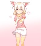  1girl absurdres animal_ears belly_peek black_hair blonde_hair blush bow brown_eyes closed_mouth extra_ears eyebrows_visible_through_hair fennec_(kemono_friends) fox_ears fox_tail hair_between_eyes heart highres index_finger_raised kemono_friends koi_dance looking_at_viewer multicolored_hair navel outline pink_sweater pleated_skirt puffy_short_sleeves puffy_sleeves short_sleeves skirt smile solo ssogari standing sweatdrop sweater tail thigh-highs two-tone_background white_skirt yellow_bow yellow_legwear 