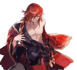 1boy granblue_fantasy hair_over_one_eye itefu jewelry looking_at_viewer male_focus necklace off_shoulder pectorals percival_(granblue_fantasy) redhead robe simple_background sitting solo undressing white_background 