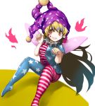  1860_(ichi) 1girl american_flag_dress american_flag_legwear blonde_hair breasts clownpiece commentary_request dress facepaint fairy_wings hat jester_cap long_hair looking_at_viewer medium_breasts neck_ruff pantyhose paw_pose polka_dot purple_hat red_eyes short_dress short_sleeves simple_background sitting smile solo star star_print striped touhou very_long_hair white_background wings 