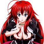  1girl absurdres ahoge aqua_eyes bent_over black_bra bra breasts cleavage finger_licking green_choker high_school_dxd highres huge_ahoge large_breasts licking long_hair official_art redhead rias_gremory school_uniform solo tongue tongue_out underwear very_long_hair 
