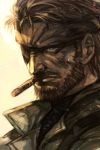  1boy beard big_boss bodysuit brown_hair cigar eyepatch facial_hair grey_eyes hankuri headband jacket male_focus metal_gear_(series) metal_gear_solid mouth_hold mustache one_eye_closed smoking solo upper_body 