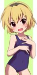  1girl bangs bare_arms bare_shoulders black_hairband blonde_hair blue_swimsuit commentary_request cowboy_shot eyebrows_visible_through_hair fang green_background hair_between_eyes hairband head_tilt highres higurashi_no_naku_koro_ni houjou_satoko looking_at_viewer one-piece_swimsuit open_mouth school_swimsuit sekina short_hair simple_background solo swimsuit two-tone_background violet_eyes white_background 