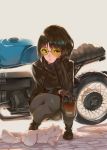  1girl absurdres animal black_footwear black_gloves black_hair black_sweater boots ceda_(dace) coffee_cup eyebrows_visible_through_hair gloves grey_legwear ground_vehicle highres looking_at_viewer motor_vehicle motorcycle short_hair solo squatting sunglasses sweater 