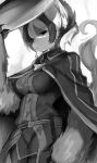  1girl black_eyes black_hair breasts cape claws closed_mouth cowboy_shot eyebrows_visible_through_hair furry greyscale hair_between_eyes hand_on_headwear jacket jitome looking_at_viewer made_in_abyss medium_breasts monochrome multicolored_hair ozen pants pouch short_hair solo standing suurin_(ksyaro) tail twitter_username two-tone_hair 