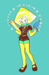  1girl :3 blue_background crystal_hair drill elbow_gloves full_body gem gloves green_gloves green_hair green_legwear houseki_no_kuni matiruda paper peridot_(steven_universe) puffy_short_sleeves puffy_sleeves short_sleeves simple_background star steven_universe thigh-highs uniform visor 